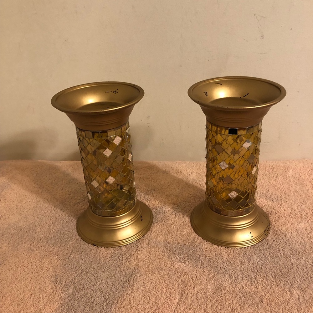Partylite Gold Mosaic Column Candle Holder Pair 9” Tall